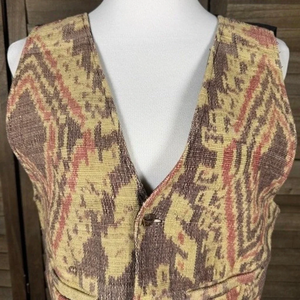 Hand Made Indonesia Woven Ikat Vest Brown Tan Red Boho Waistcoat‎ Mens Womens M